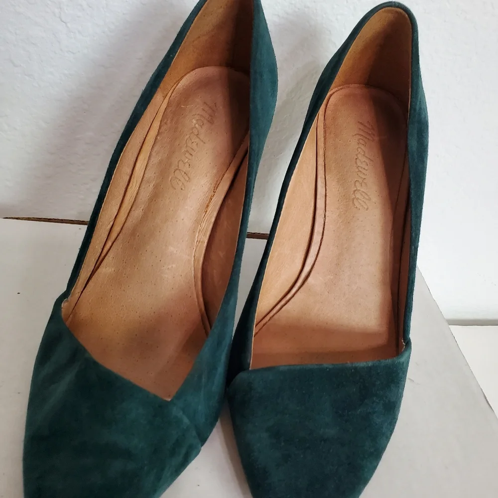 Madewell The Mira Suede Leather Pointed Toe Heel Pumps Shoes 6 1/2 Green Hunter - Picture 8 of 16